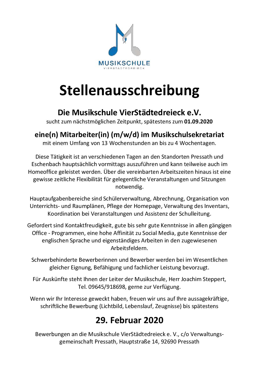 Stellenausschreibung Musikschule Stadt Grafenwohr